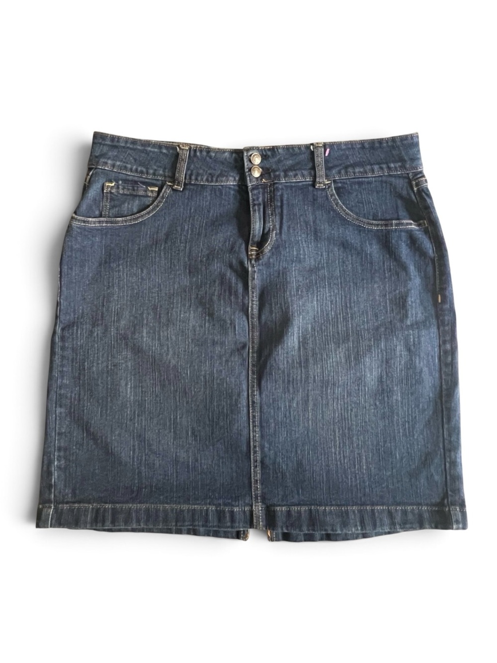 Old Navy Dark Wash Denim Stretch Mini Skirt 12 Double Button Pencil